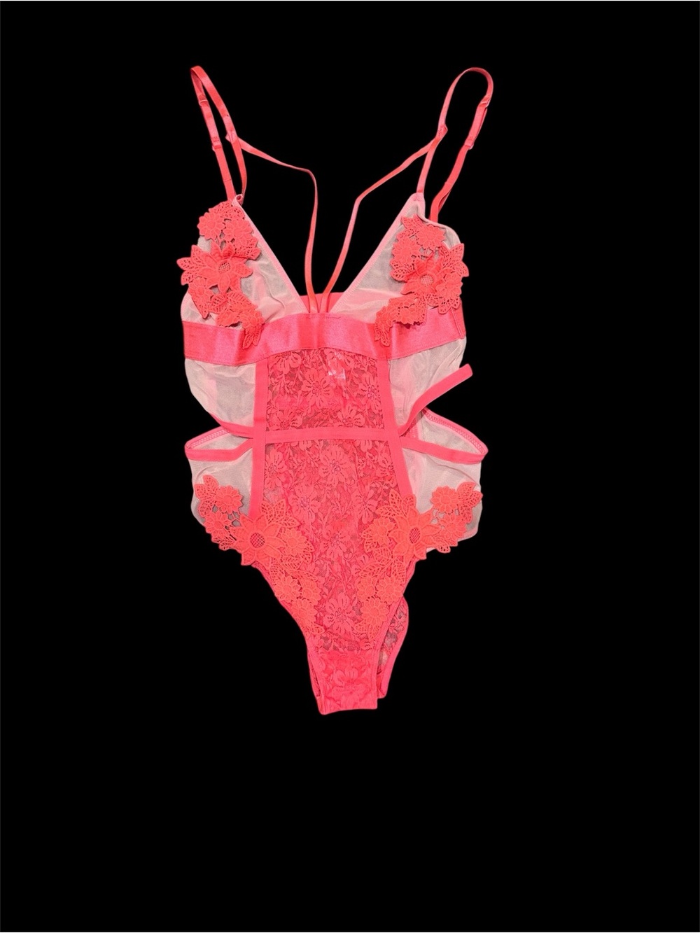 Daisy Fuentes Coral Floral Applique Lace Teddy Bodysuit Medium Sheer Strappy